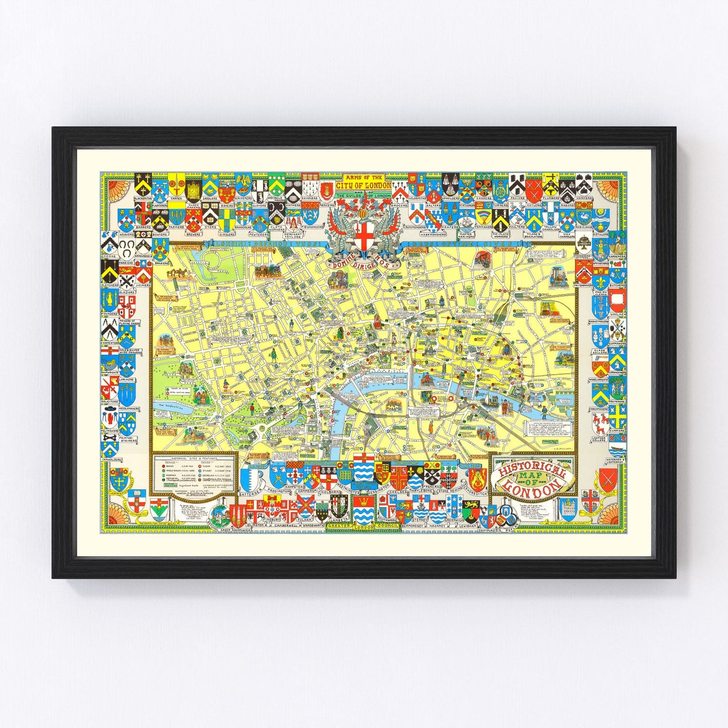 vintage map of London, England, 1965