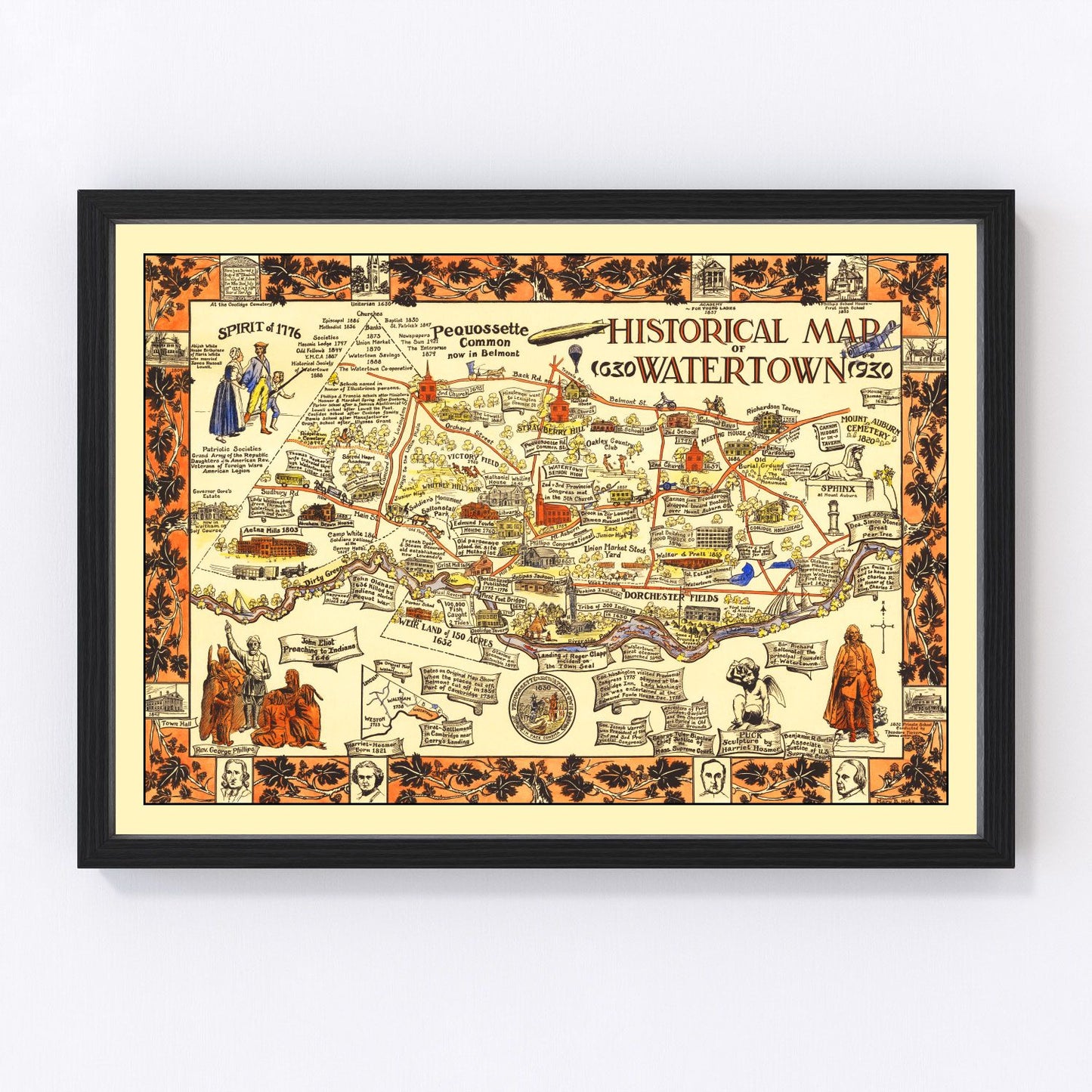 Vintage map of Watertown, New York, 1930 - Jefferson County Black River restored print