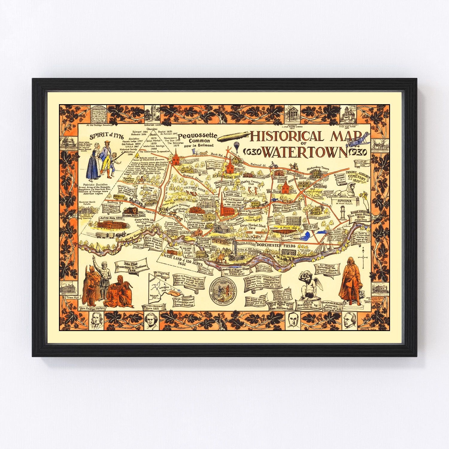 Vintage map of Watertown, New York, 1930 - Jefferson County Black River restored print