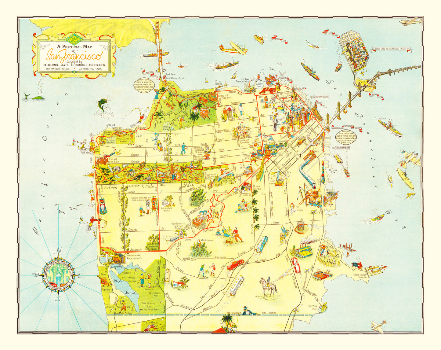 Vintage Map of San Francisco, California, 1939
