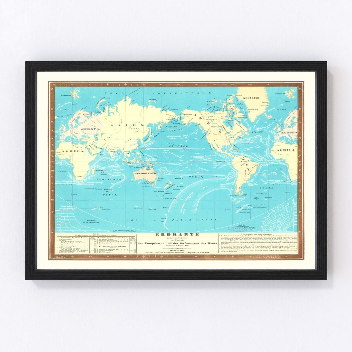 Erdkarte vintage world map, 1845, digitally restored art print