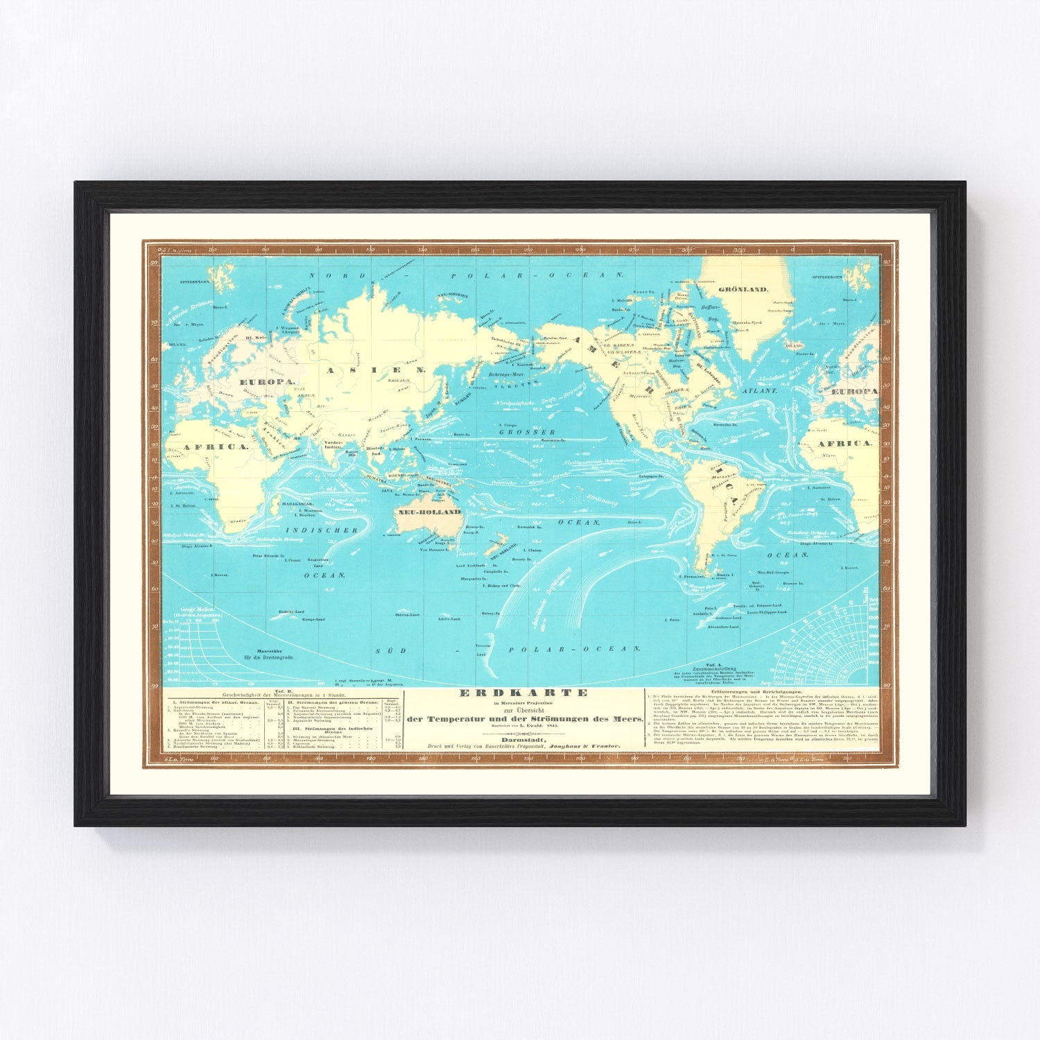 Erdkarte vintage world map, 1845, digitally restored art print