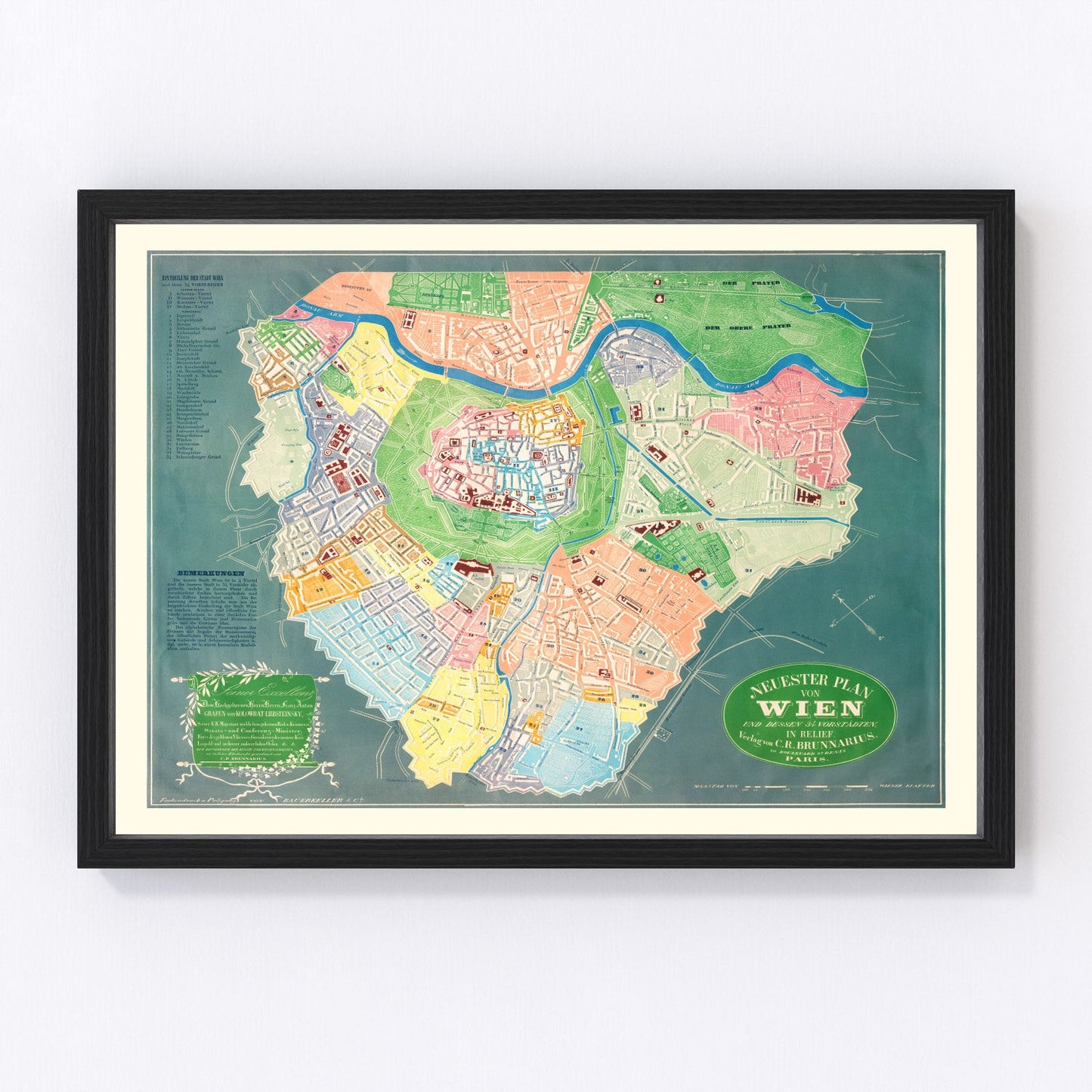vintage map of Vienna, Austria, 1843