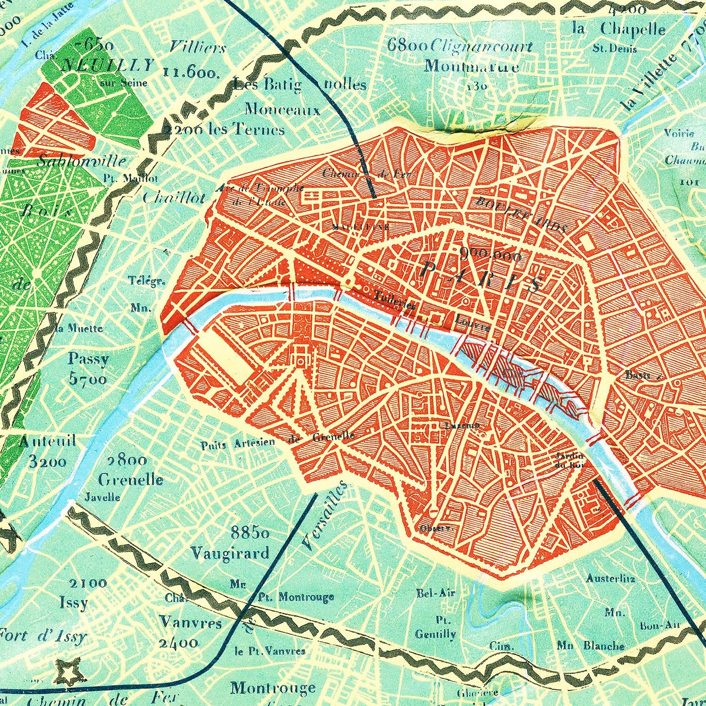 Vintage Map of Paris, France, 1843