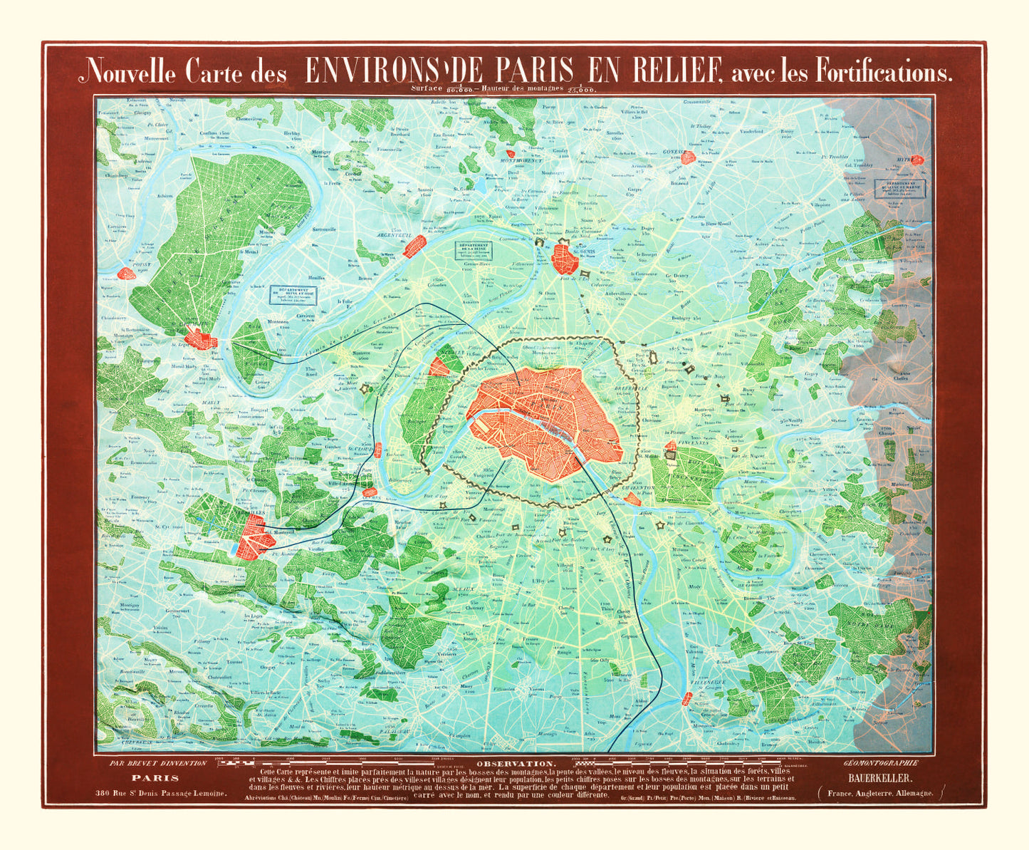 Vintage Map of Paris, France, 1843