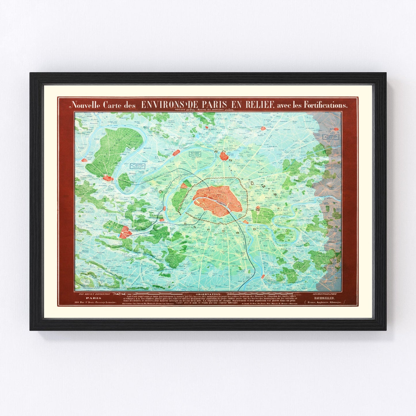 vintage map of Paris, France, 1843