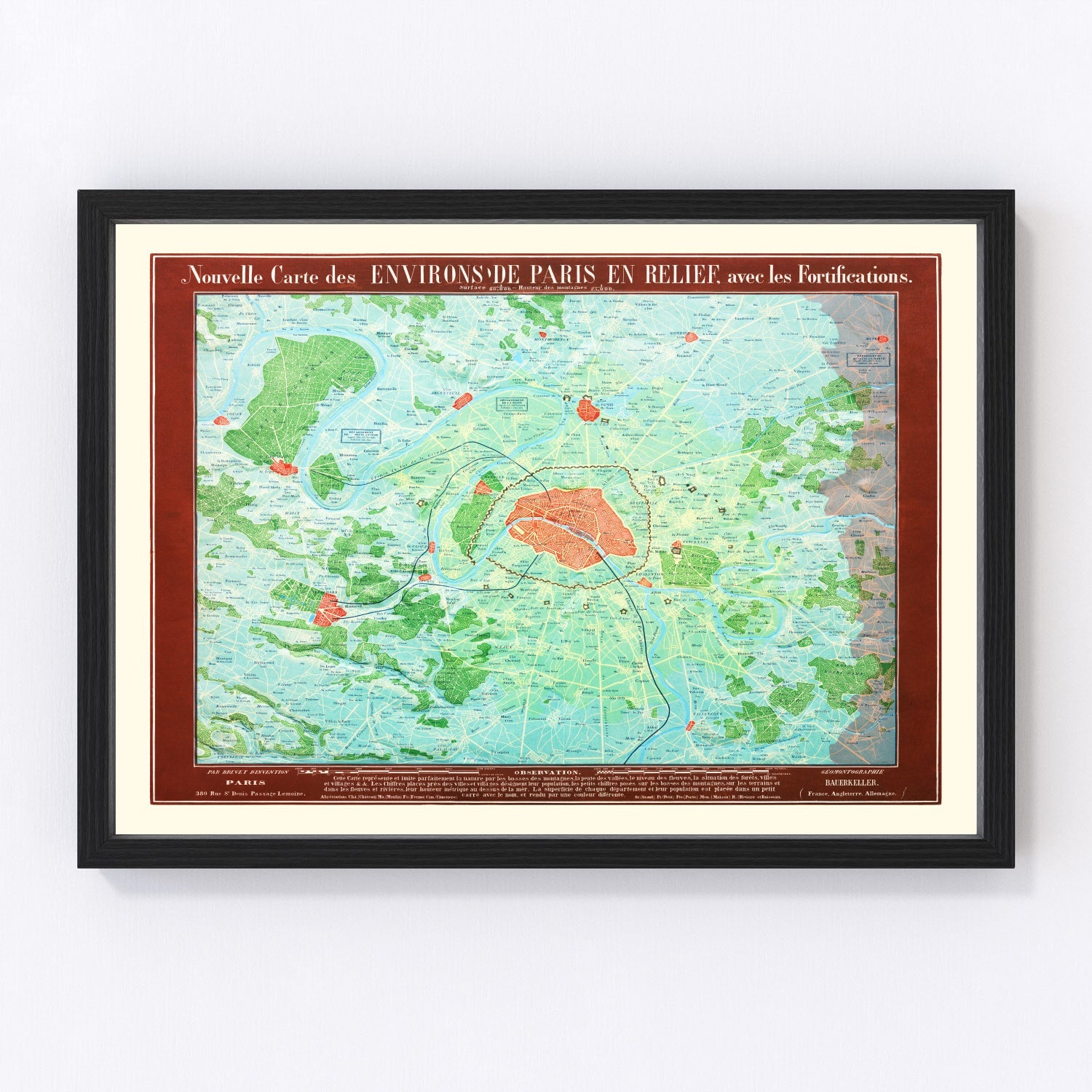 vintage map of Paris, France, 1843