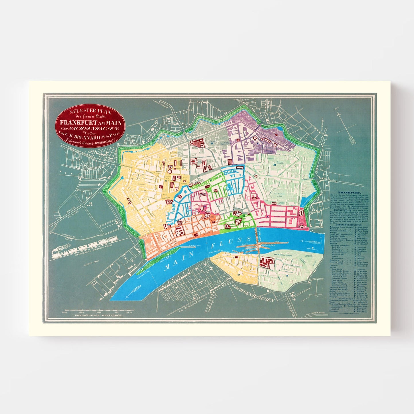 Vintage Map of Frankfurt, Germany, 1844