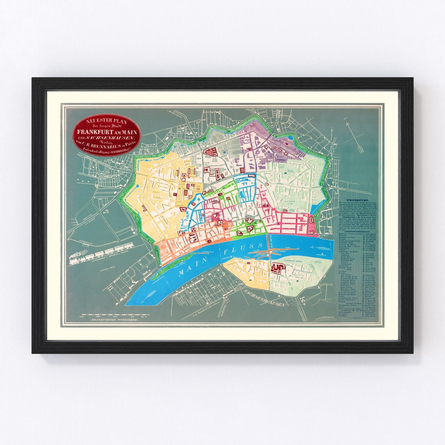 vintage map of Frankfurt, Germany, 1844