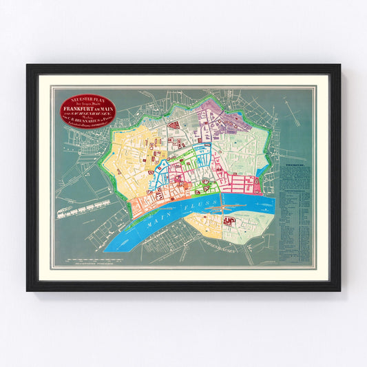 vintage map of Frankfurt, Germany, 1844