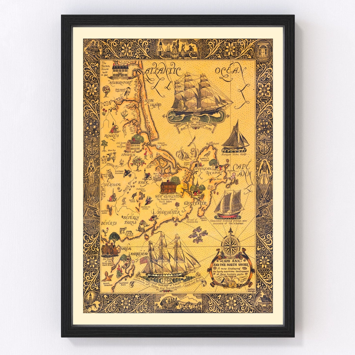 Vintage coastal map of Cape Ann, Massachusetts, 1927, restored vintage wall art print