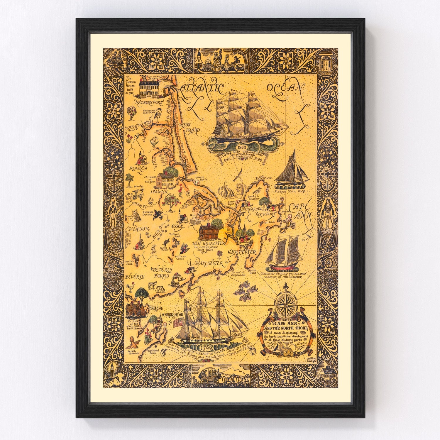 Vintage coastal map of Cape Ann, Massachusetts, 1927, restored vintage wall art print