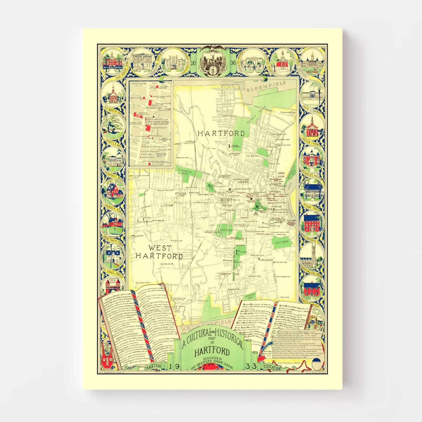Vintage Map of Hartford, Connecticut, 1933