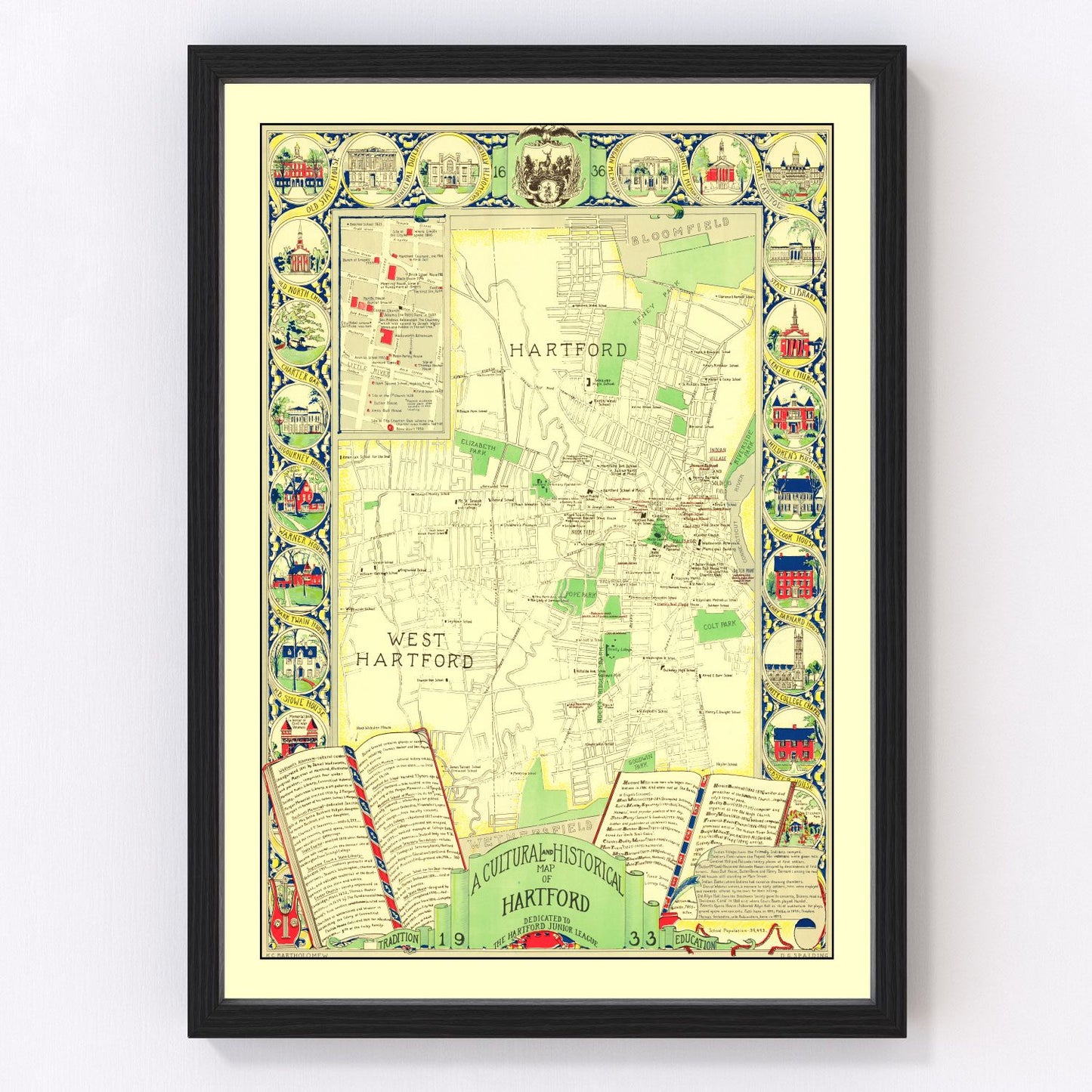 Vintage map of Hartford, Connecticut, 1933
