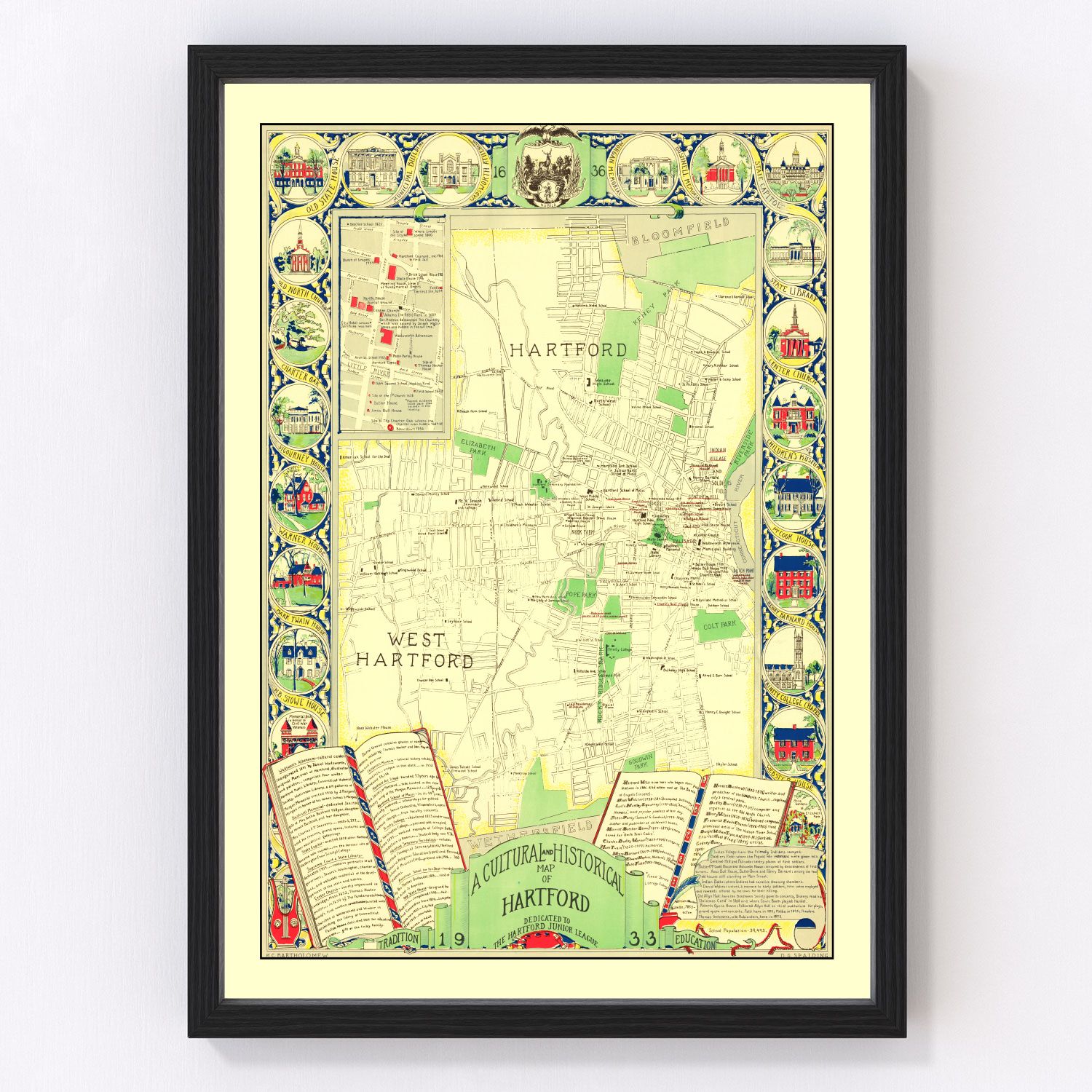 Vintage map of Hartford, Connecticut, 1933