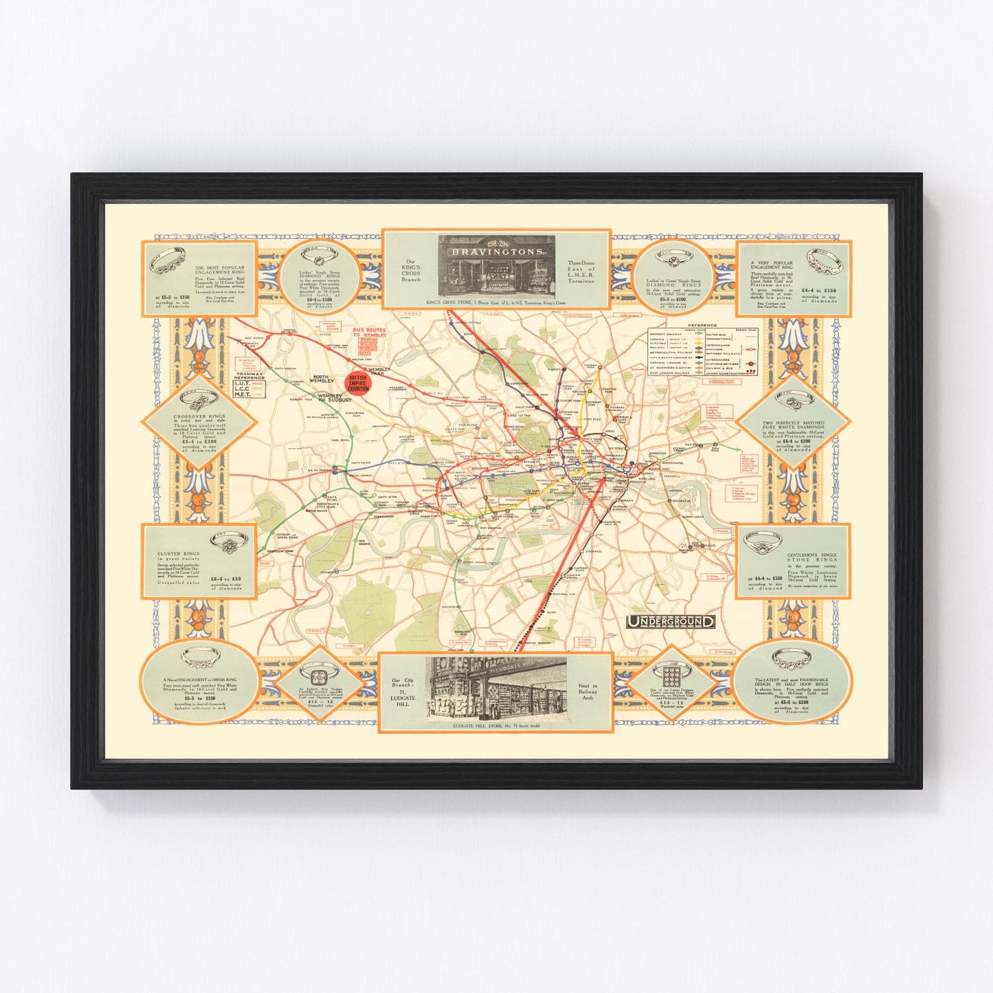 Vintage 1922 railroad map of London and suburbs from the interwar era, restored cartographic print