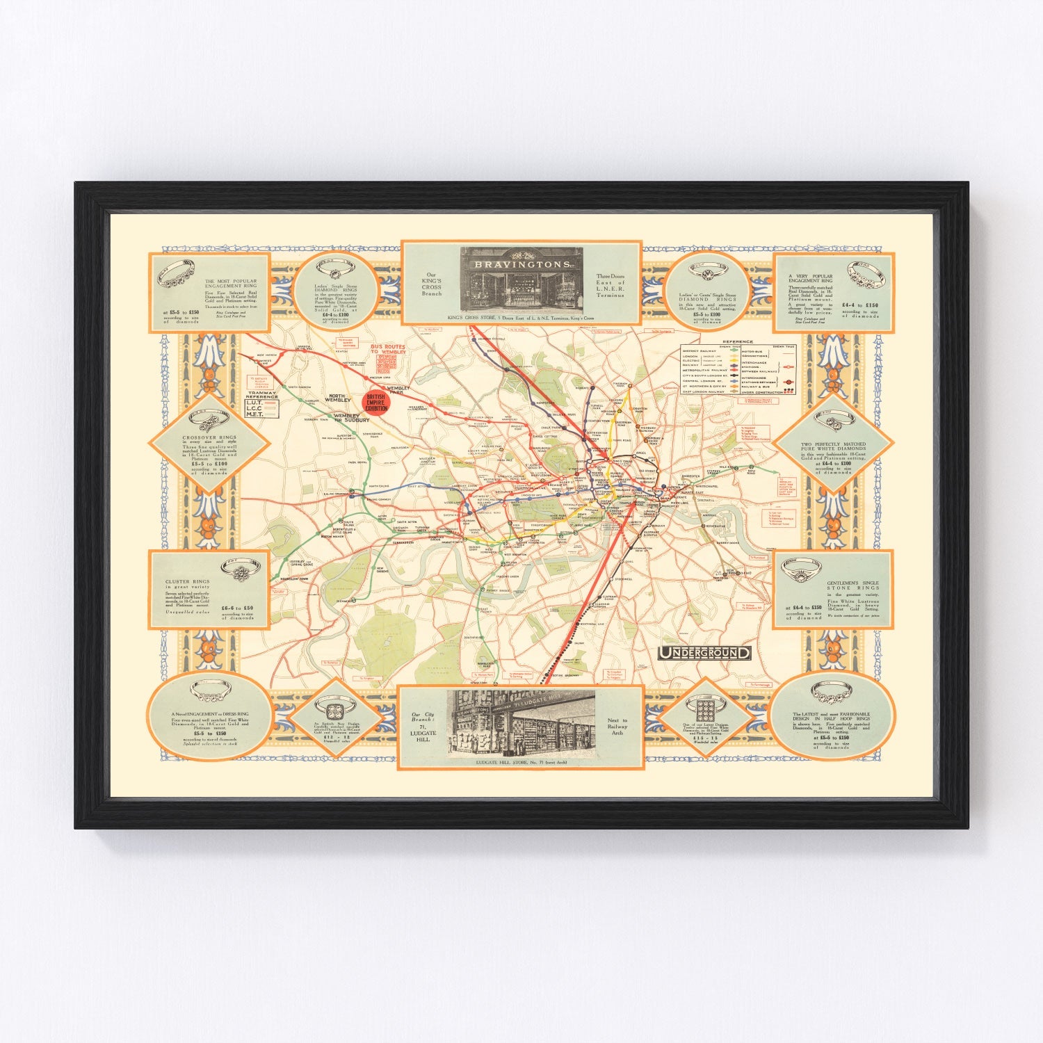 Vintage 1922 railroad map of London and suburbs from the interwar era, restored cartographic print