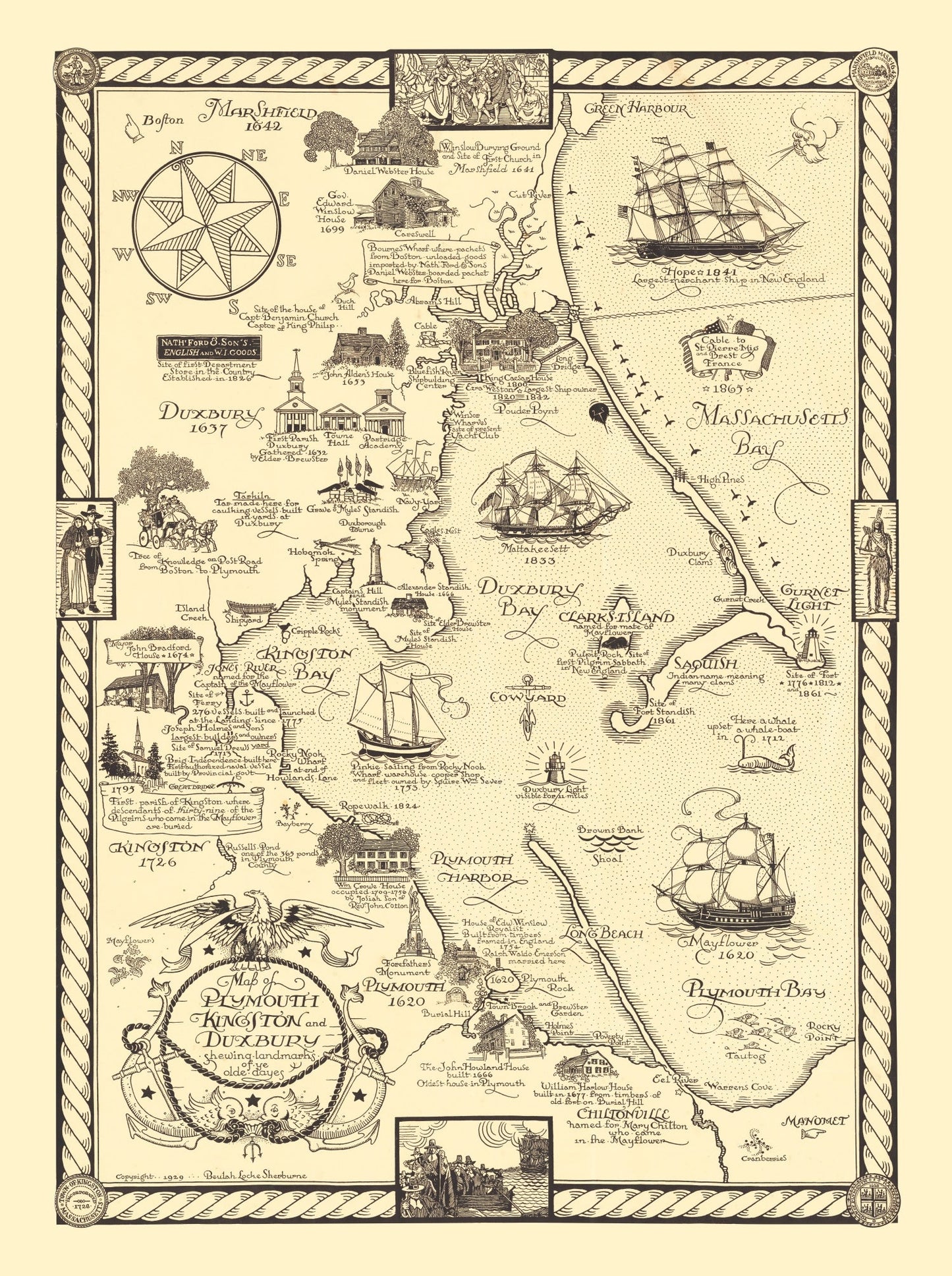 Vintage Map of Plymouth & Duxbury, Massachusetts, 1929