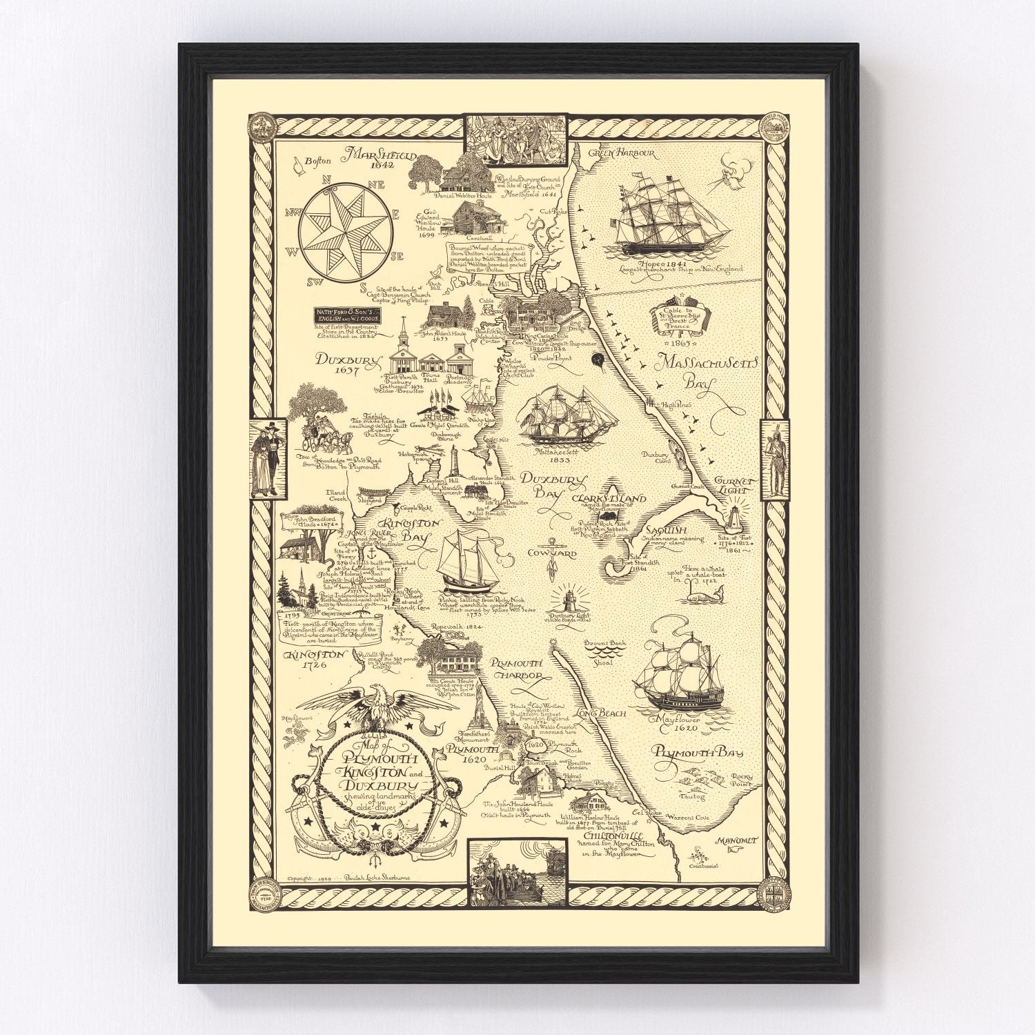 vintage map of Plymouth and Duxbury, Massachusetts, 1929