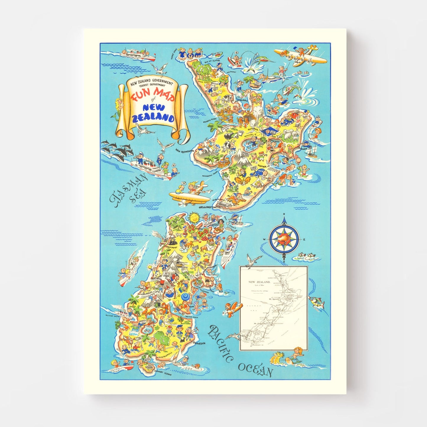 Vintage Fun Map of New Zealand, 1938