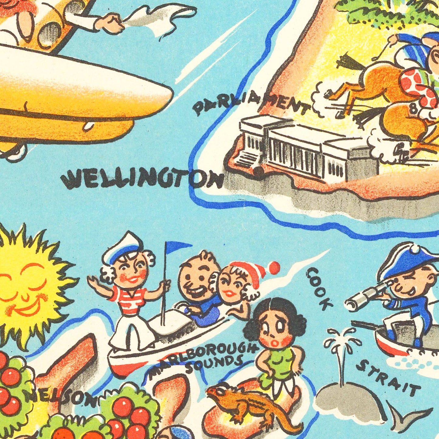 Vintage Fun Map of New Zealand, 1938