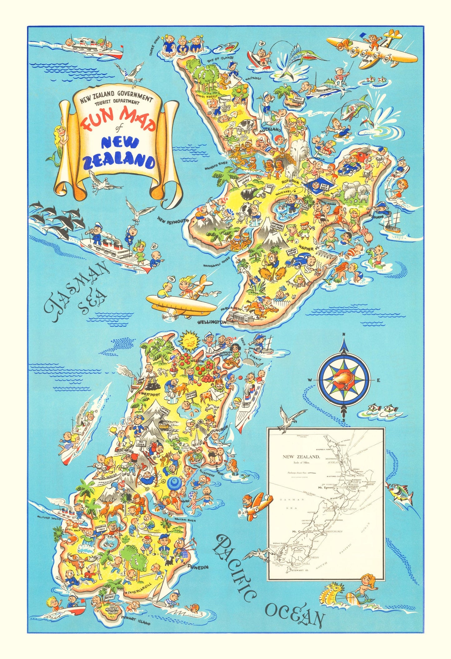 Vintage Fun Map of New Zealand, 1938