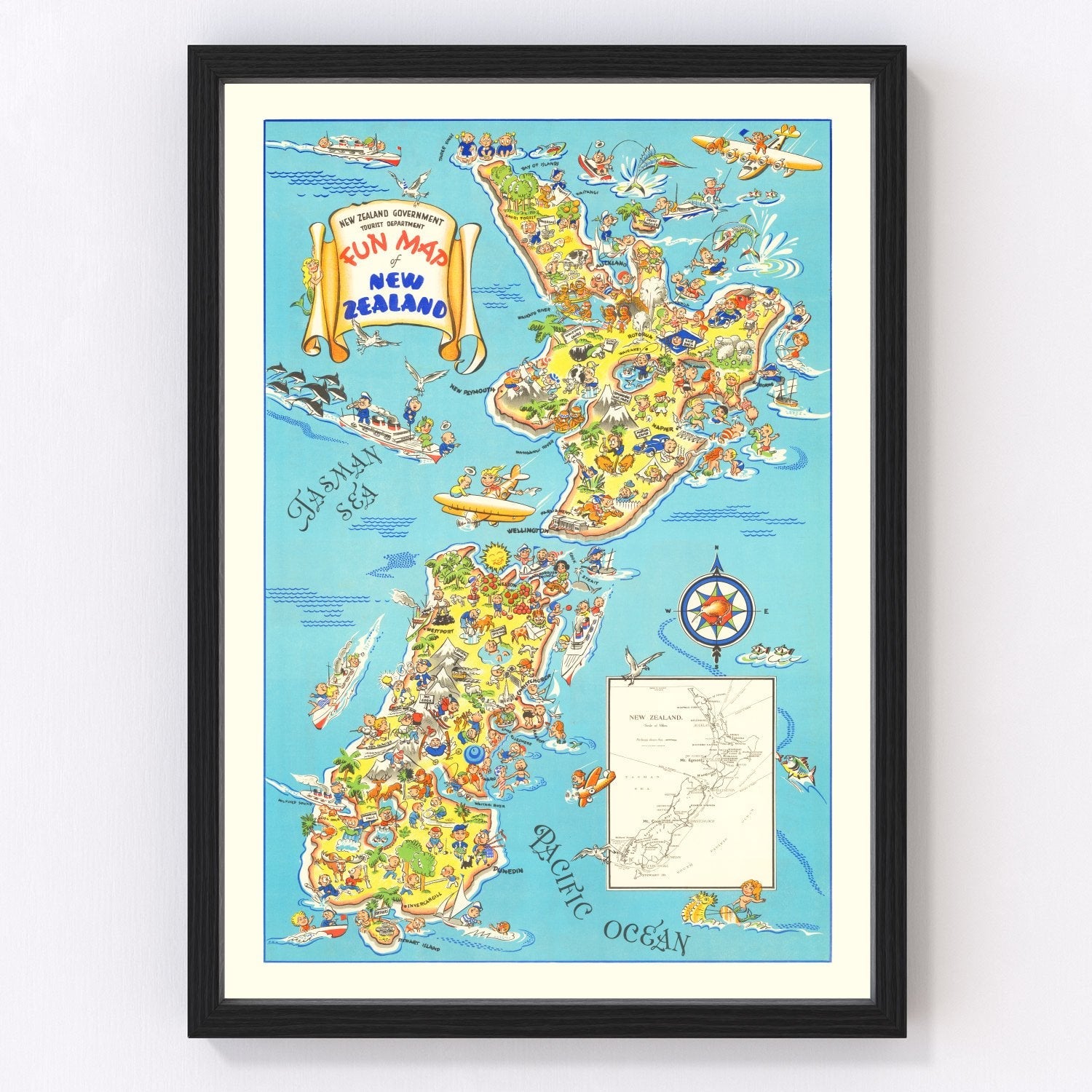 Vintage fun pictorial map of New Zealand, 1938