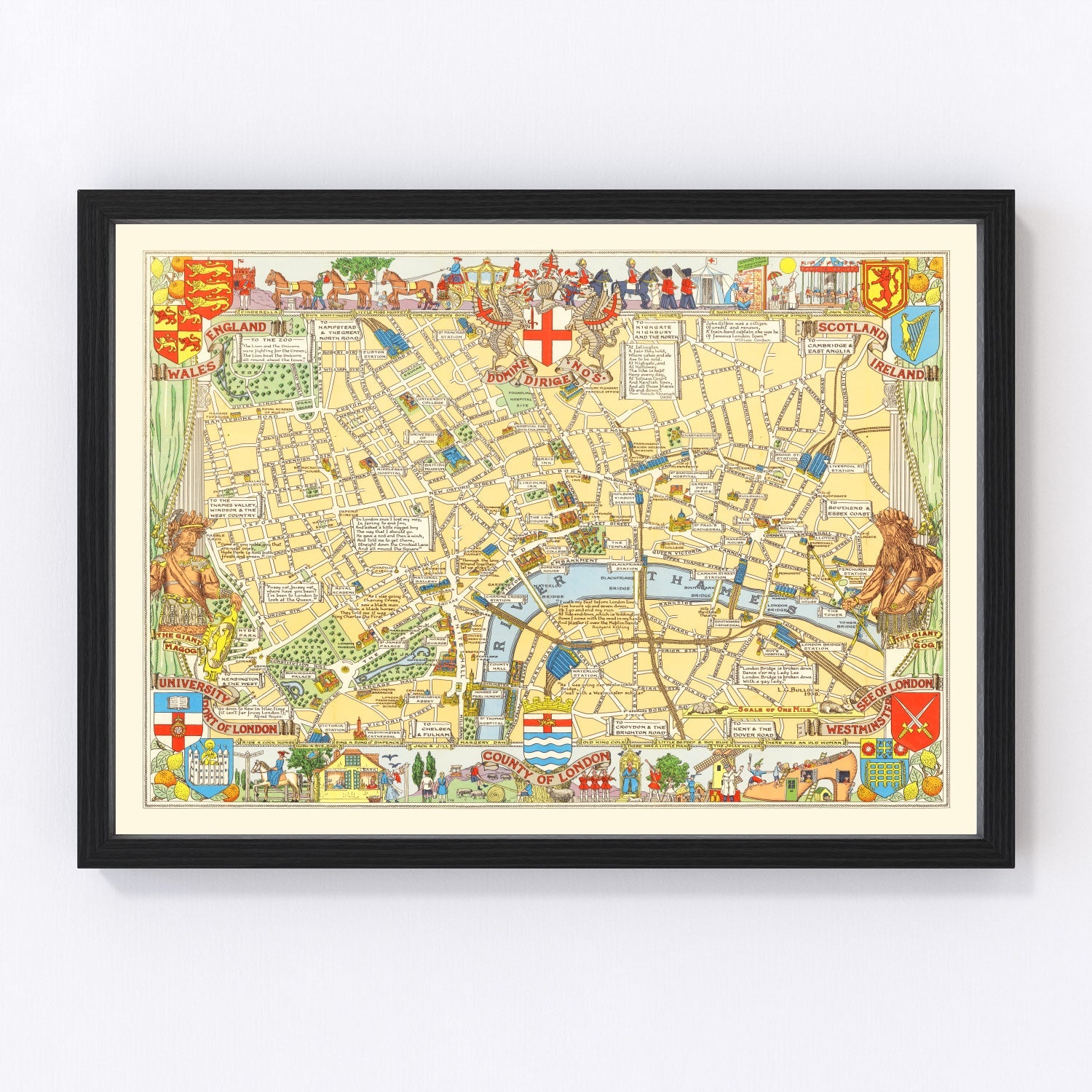 Vintage children's illustrated map of London England, 1938, restored art print