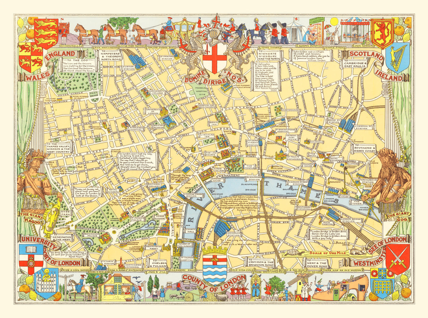 Children's Map of London, England 1938 Vintage Print