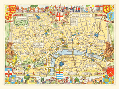 Children's Map of London, England 1938 Vintage Print
