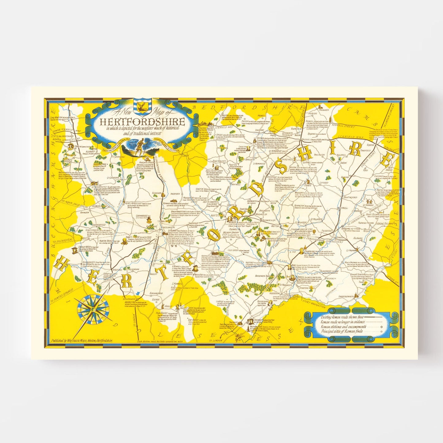 Vintage Map of Hartfordshire, United Kingdom, 1950