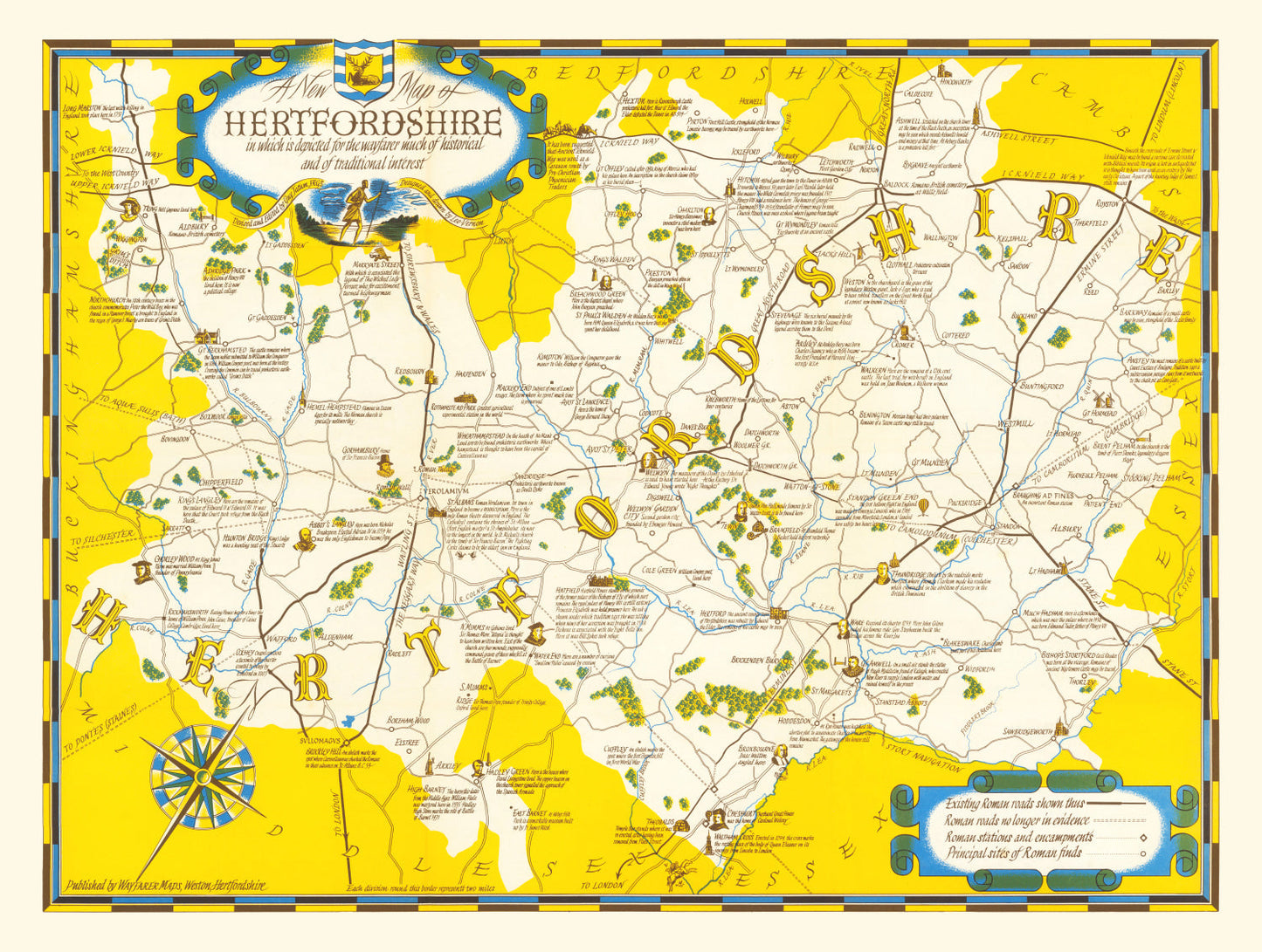 Vintage Map of Hartfordshire, United Kingdom, 1950
