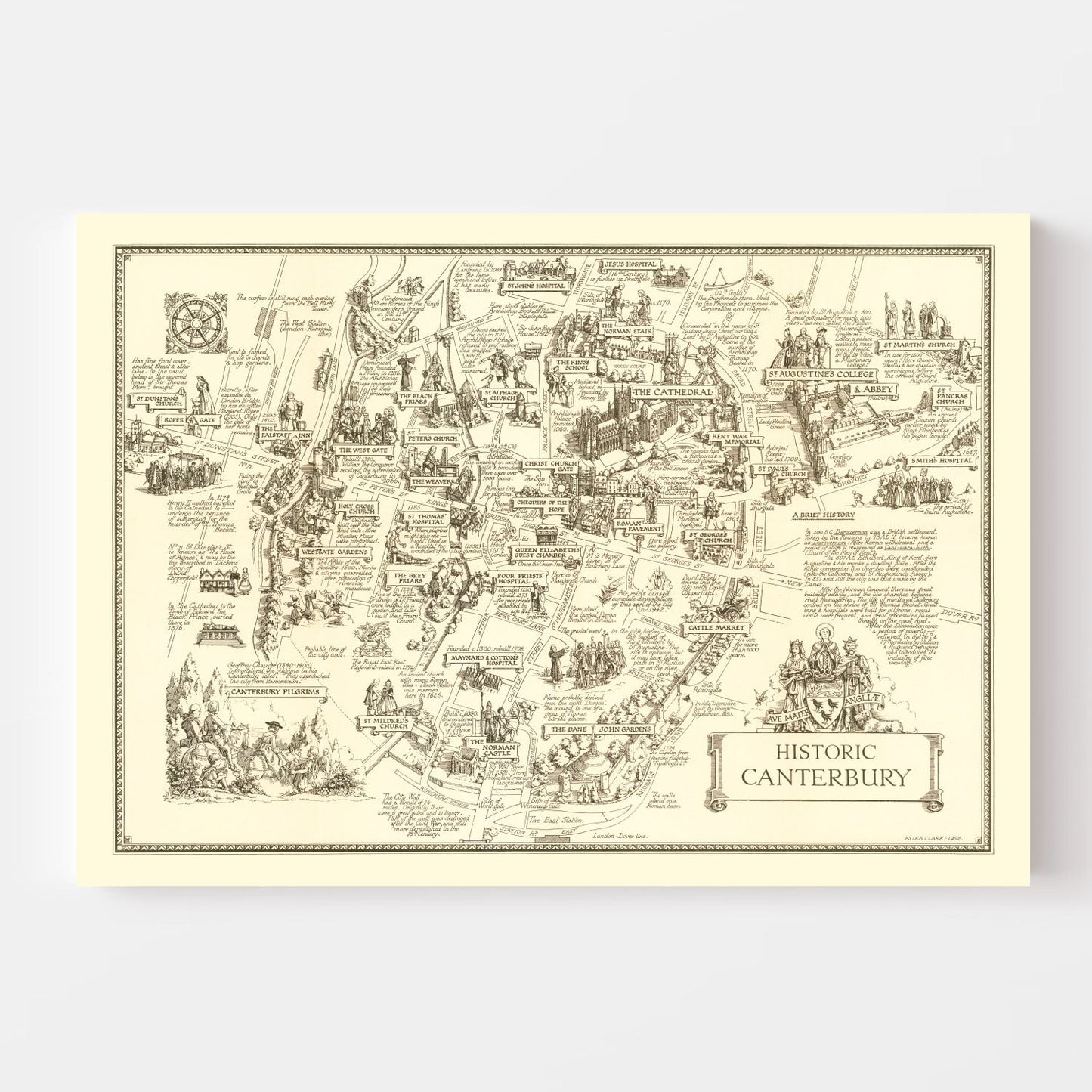 Vintage Map of Canterbury, England, 1952