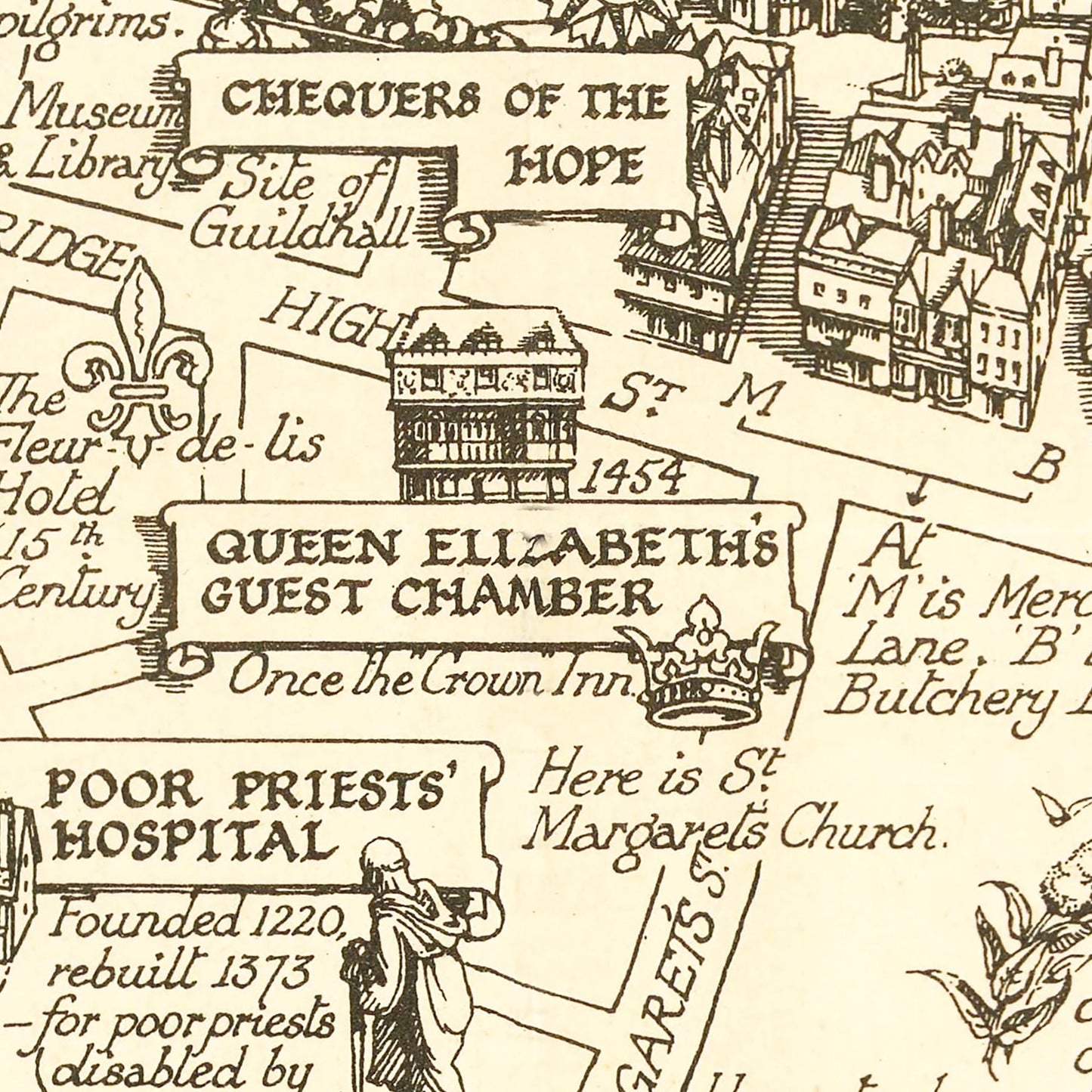 Vintage Map of Canterbury, England, 1952