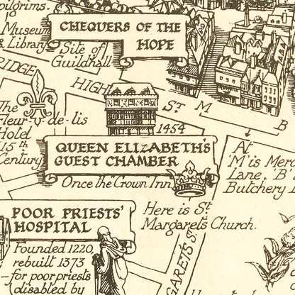 Vintage Map of Canterbury, England, 1952