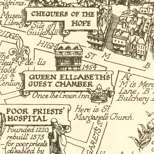 Vintage Map of Canterbury, England, 1952