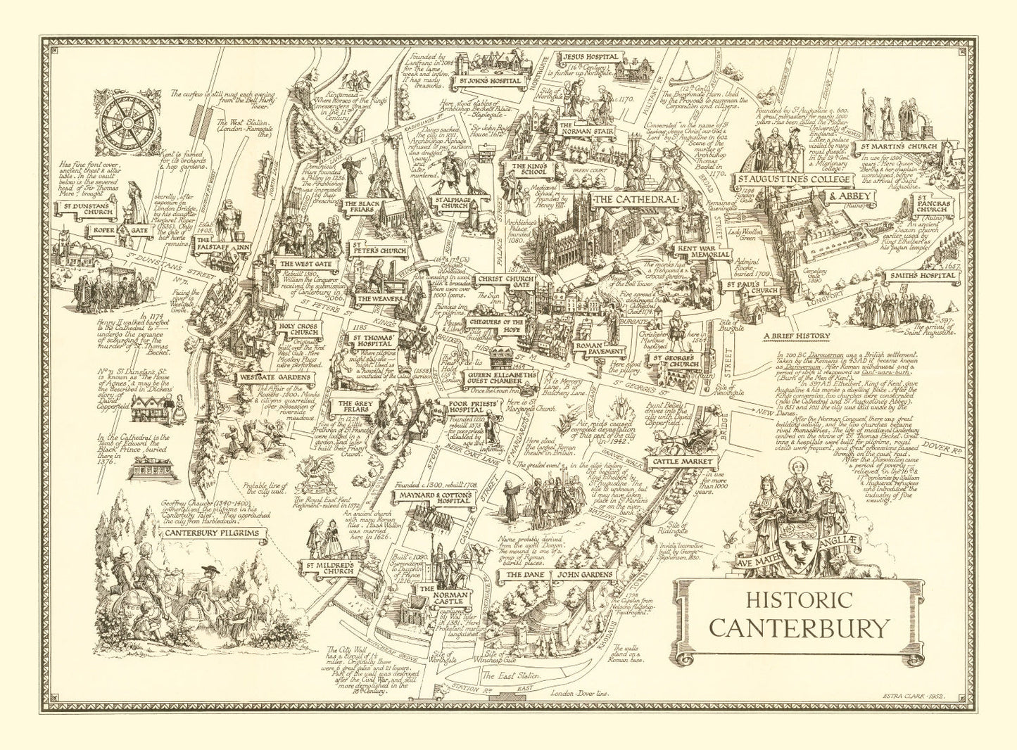 Vintage Map of Canterbury, England, 1952