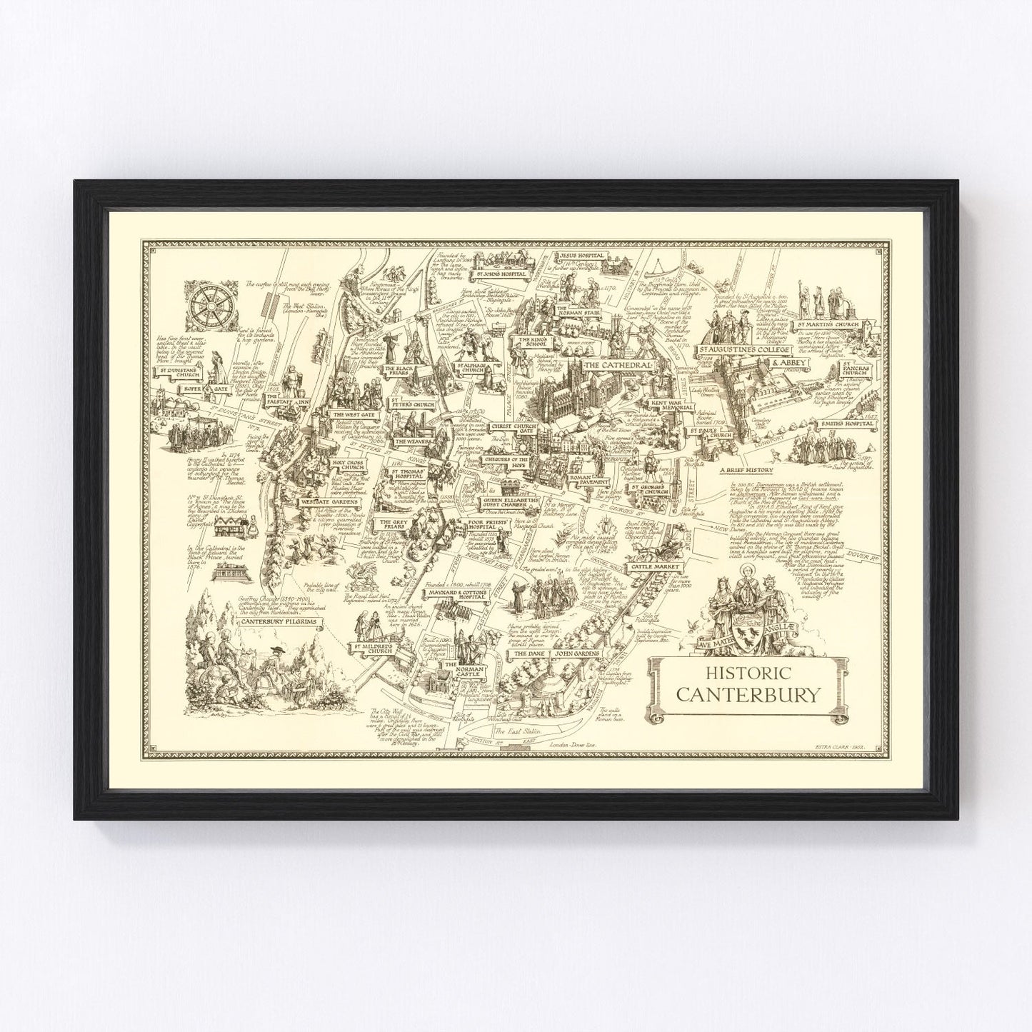 Vintage map of Canterbury, England, 1952, restored vintage wall art print
