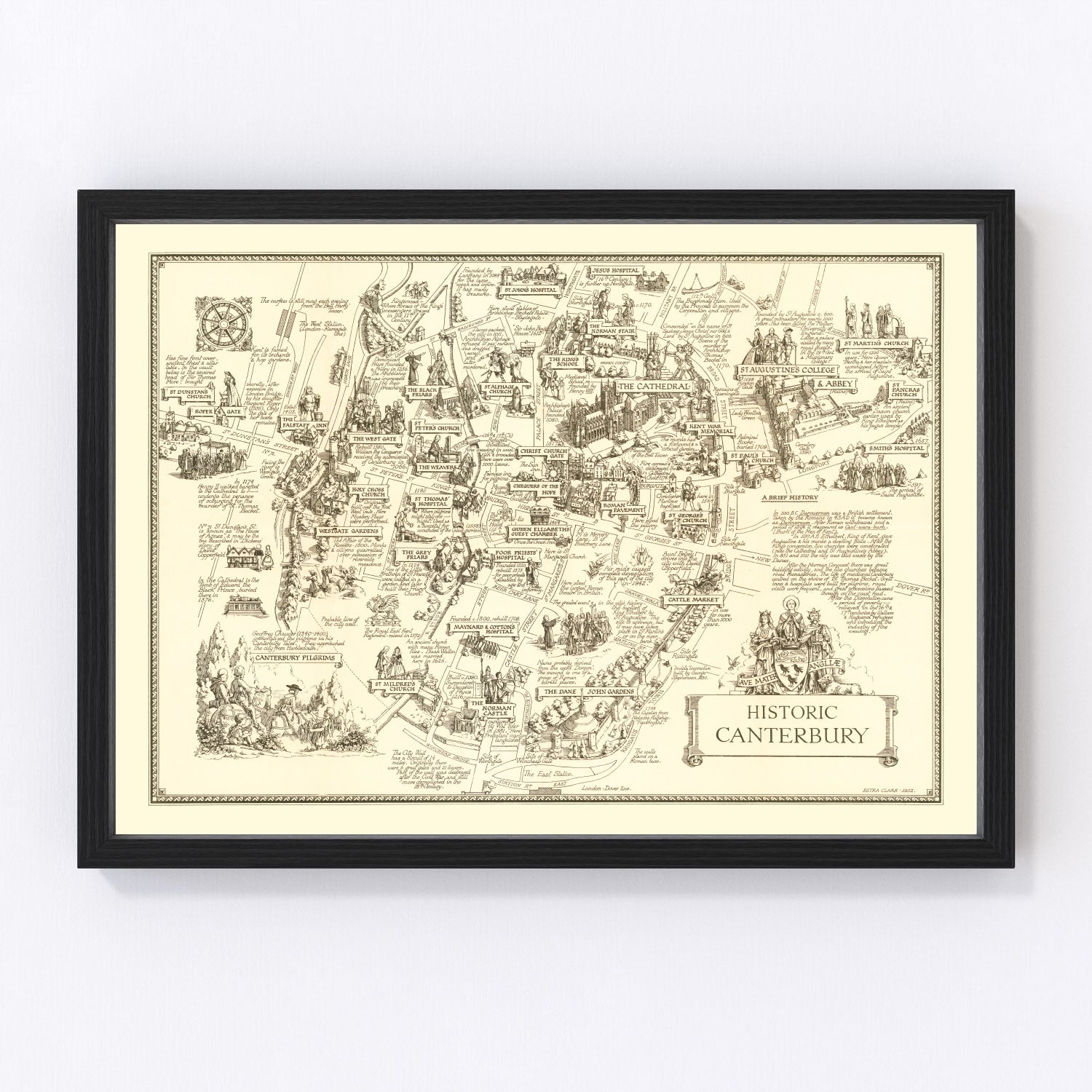 Vintage map of Canterbury, England, 1952, restored vintage wall art print