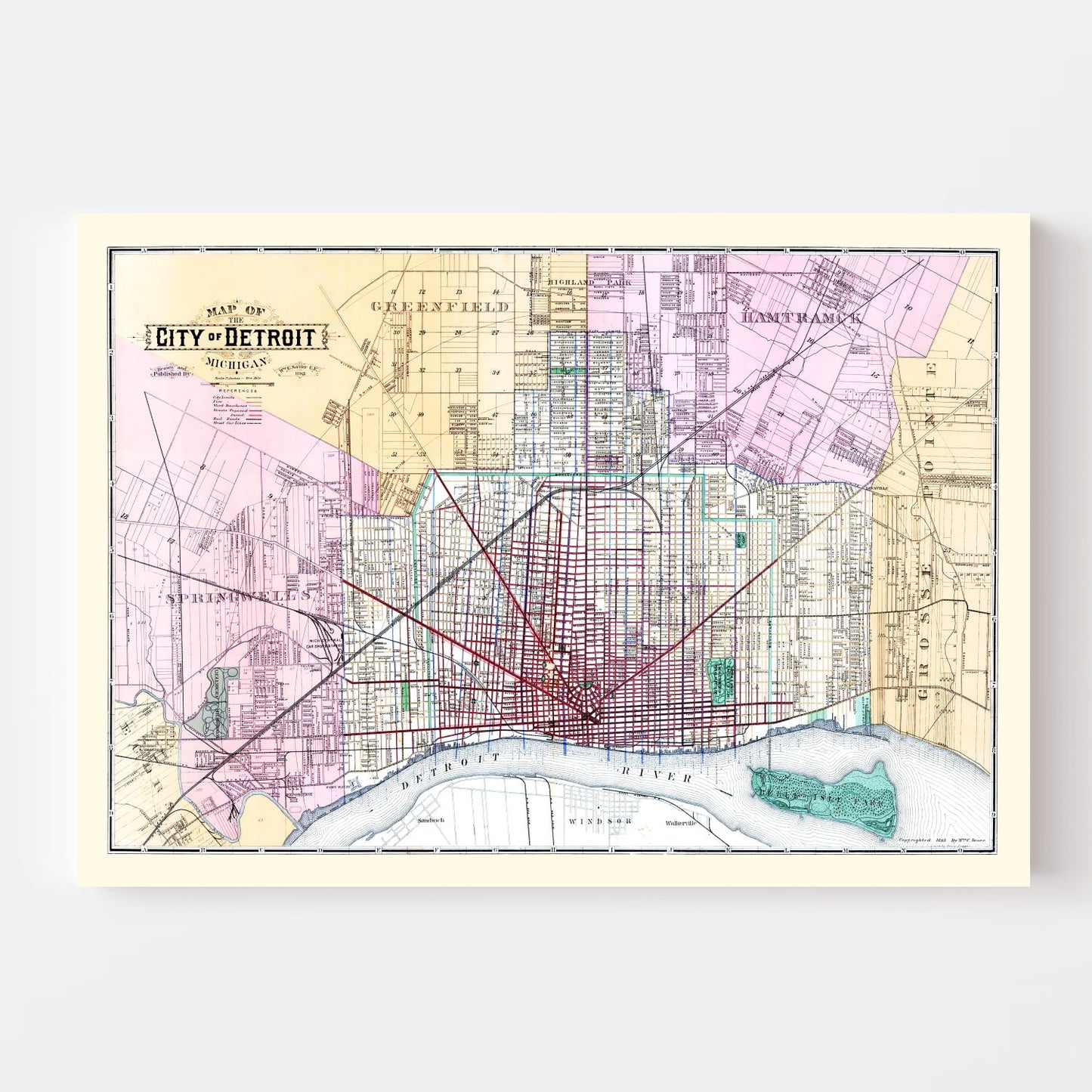 Vintage Map of Detroit, Michigan 1883