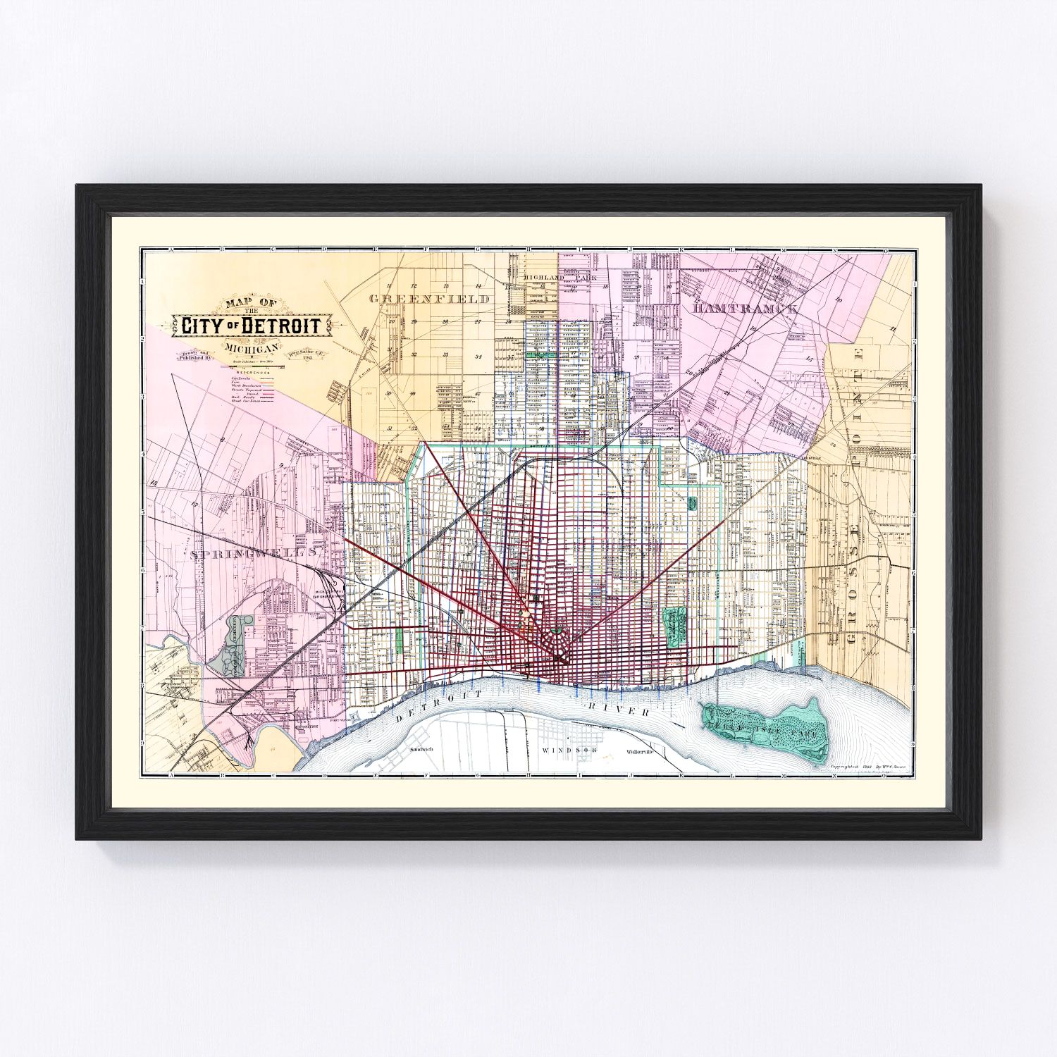 Vintage restored map of Detroit, Michigan, 1883, Gilded Age waterfront cartography