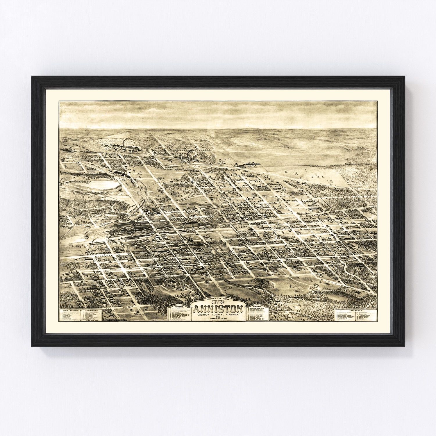Restored vintage map of Anniston, Alabama, 1903, streets and rail lines