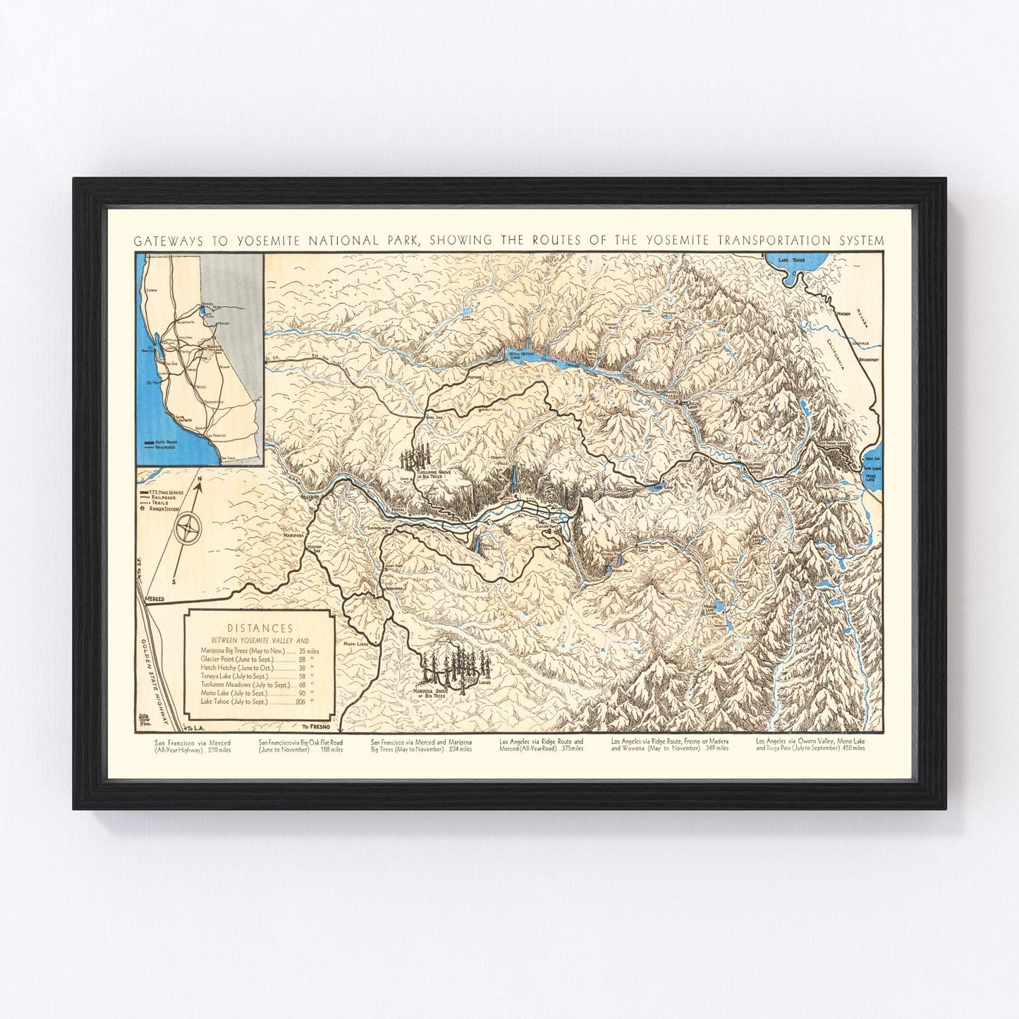 Vintage restored map of Yosemite National Park, 1930