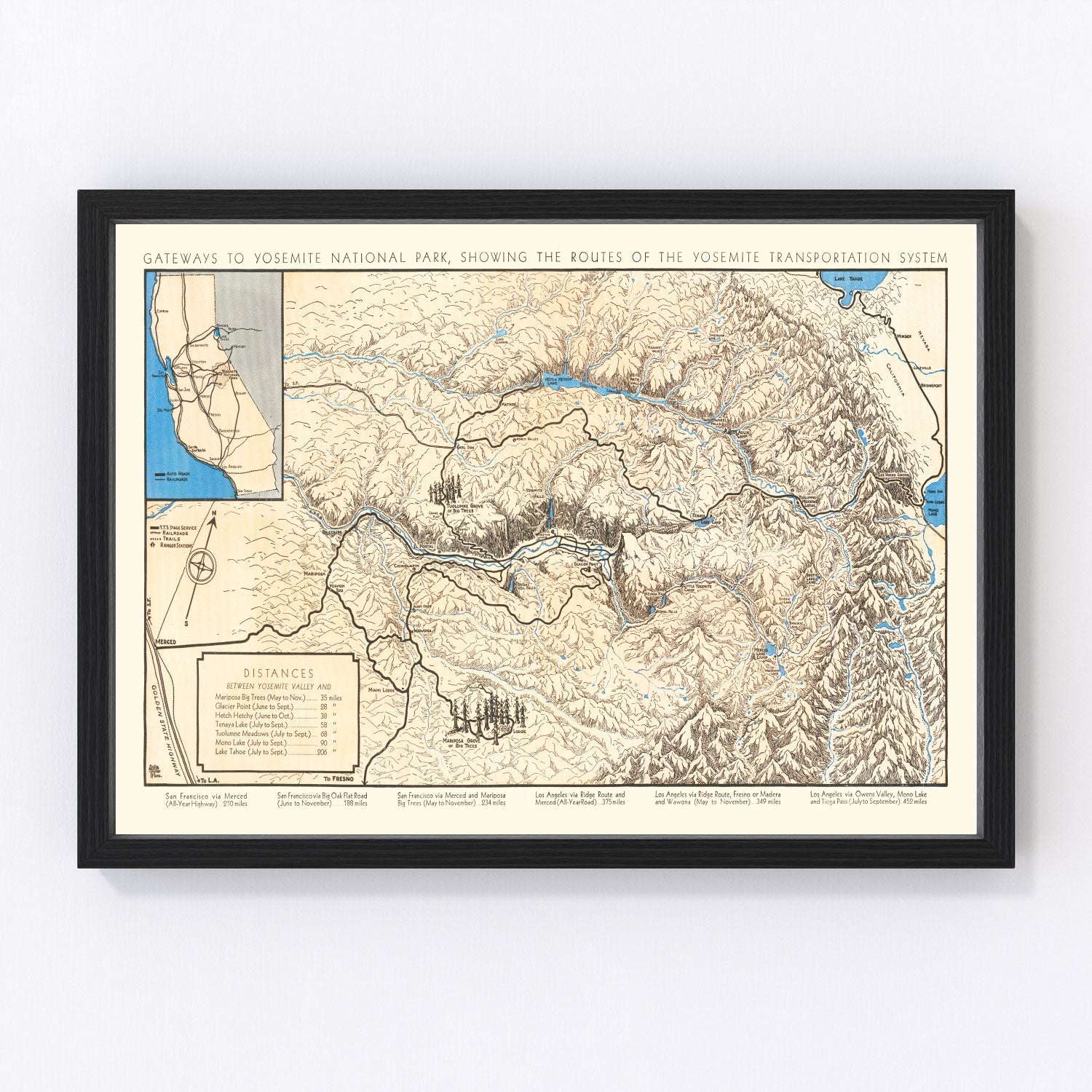 Vintage restored map of Yosemite National Park, 1930
