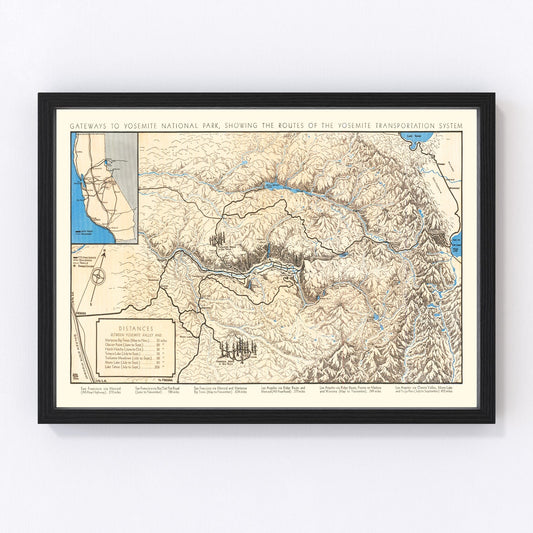 Vintage restored map of Yosemite National Park, 1930