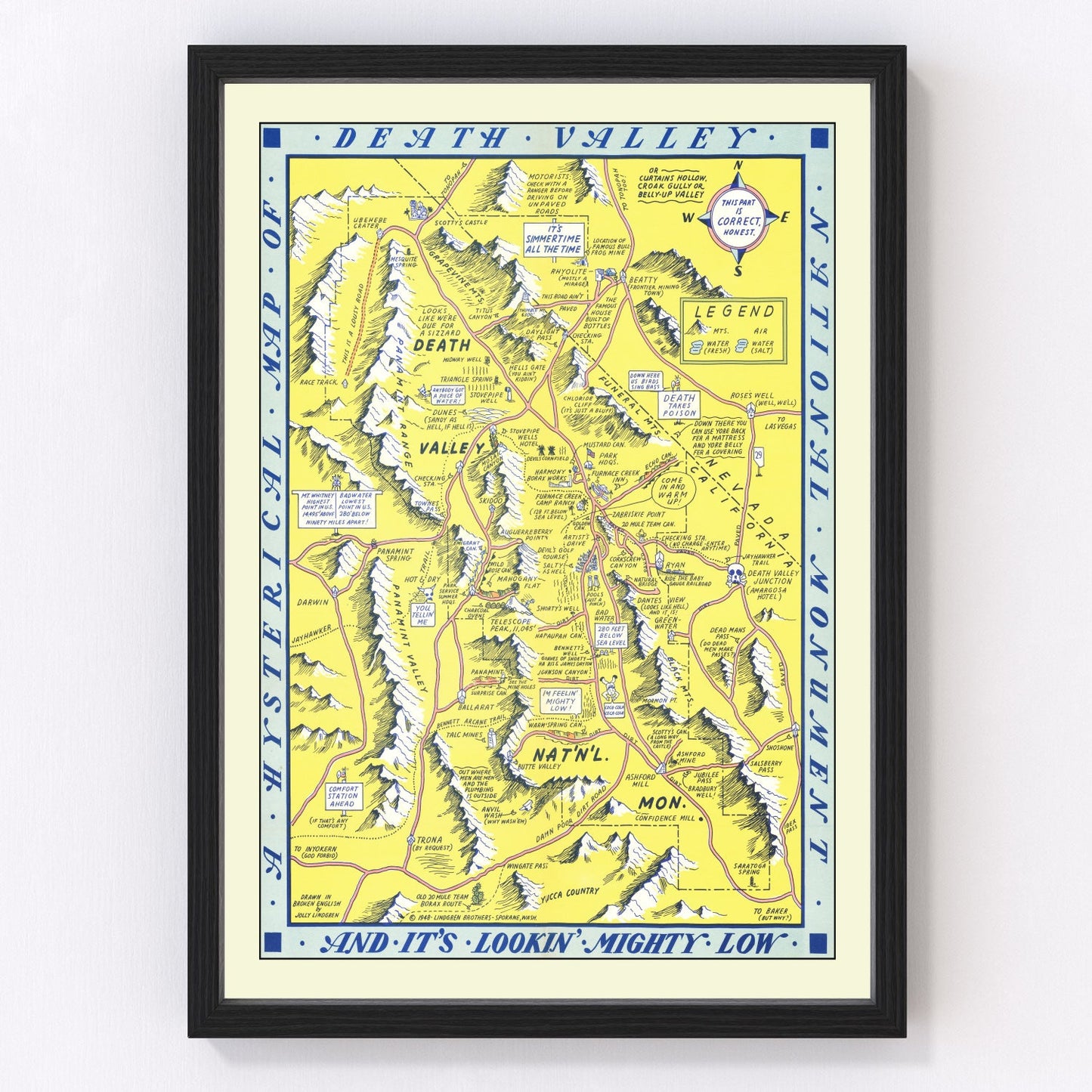 Restored vintage map of Death Valley, California, 1948