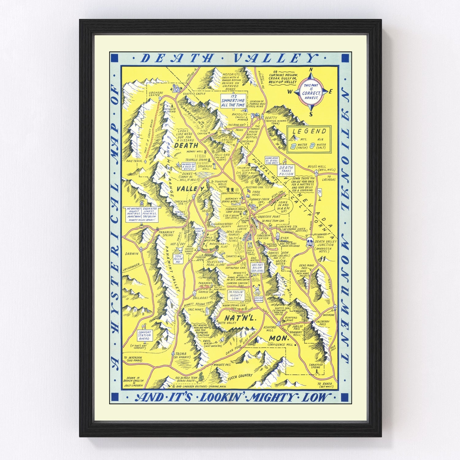 Restored vintage map of Death Valley, California, 1948