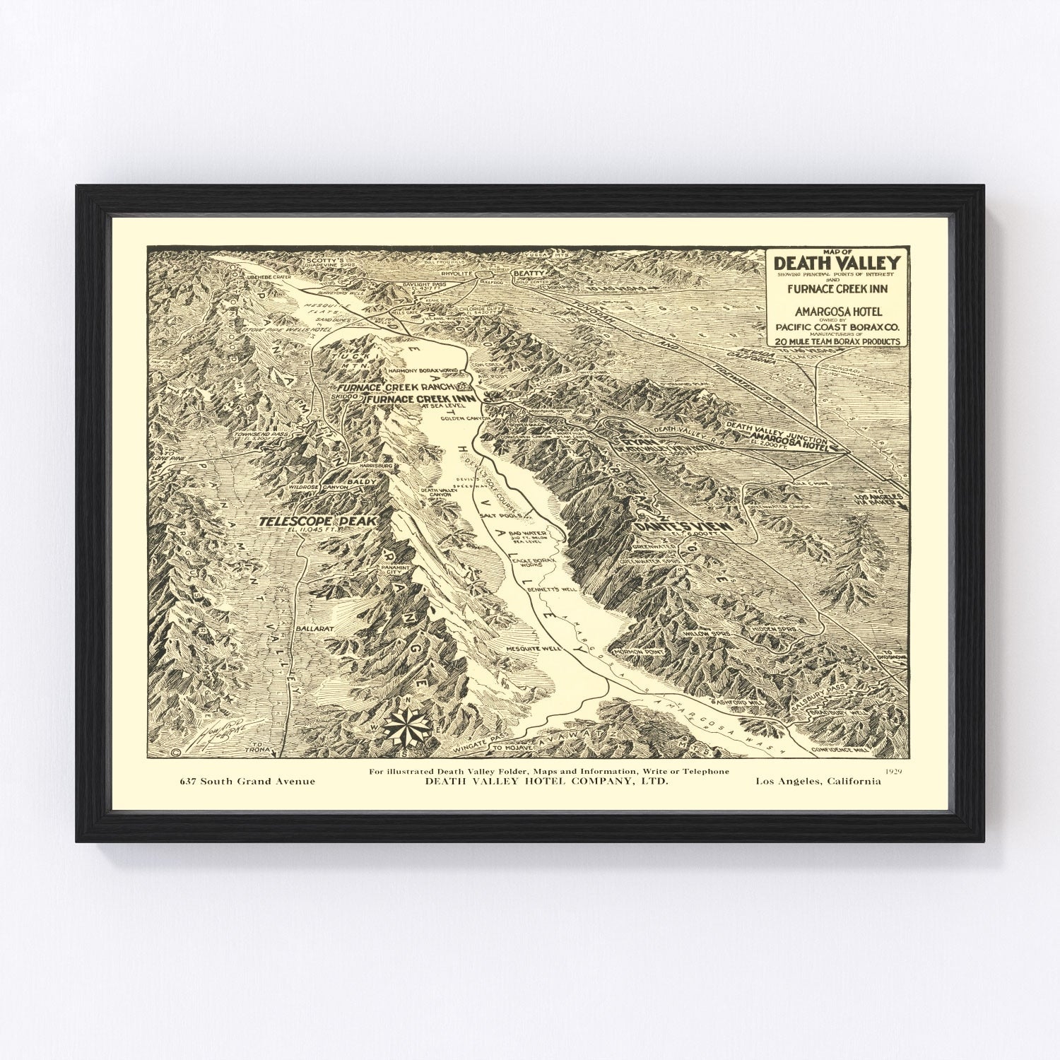 Vintage map of Death Valley National Park, California, 1929