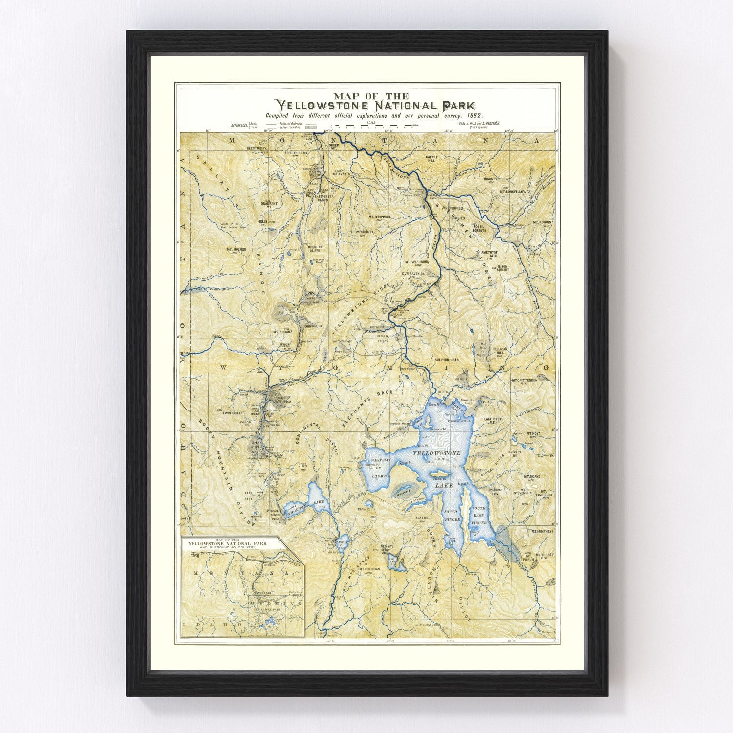Vintage restored map of Yellowstone National Park, 1882