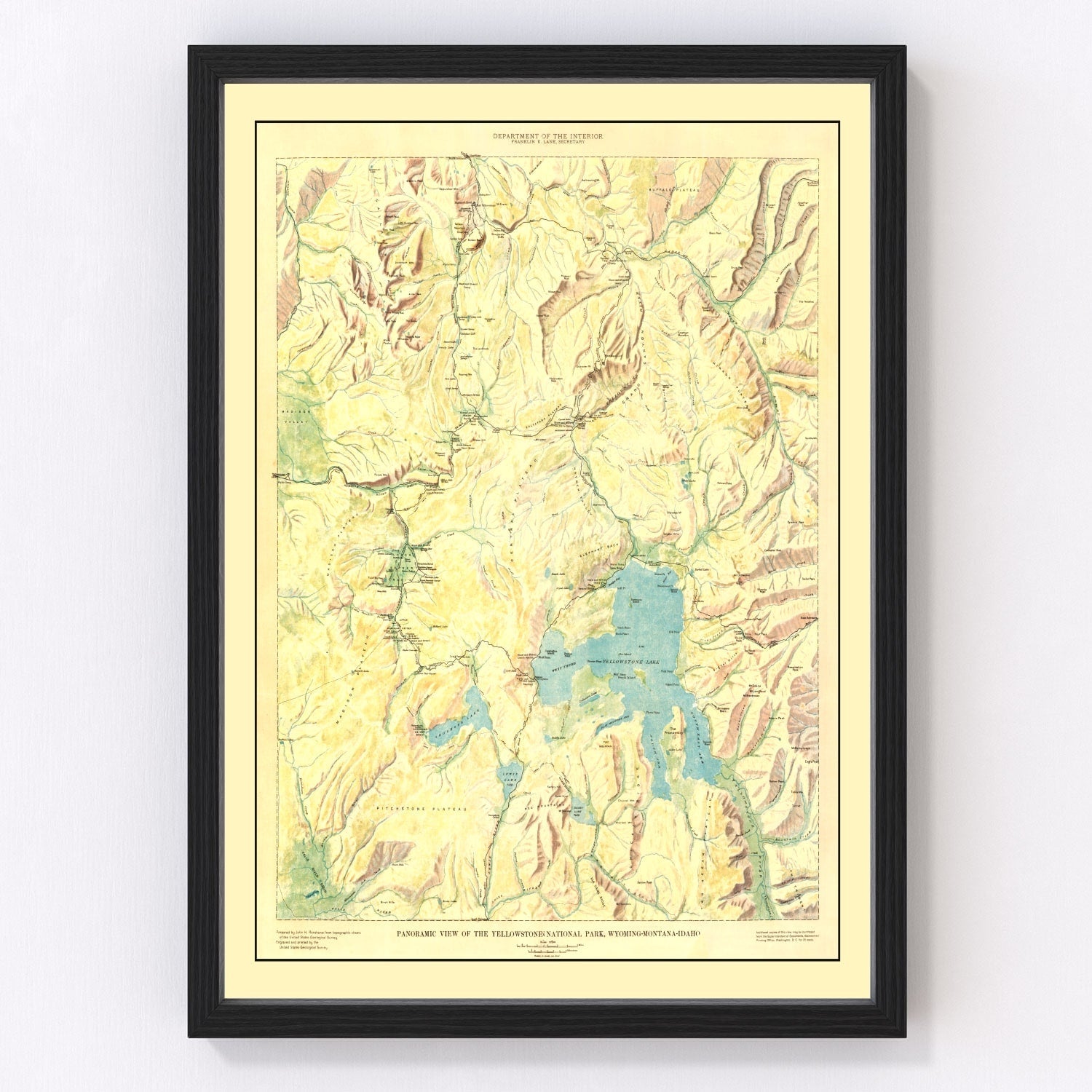 Vintage 1915 map of Yellowstone National Park Wyoming showing trails and thermal features, restored print